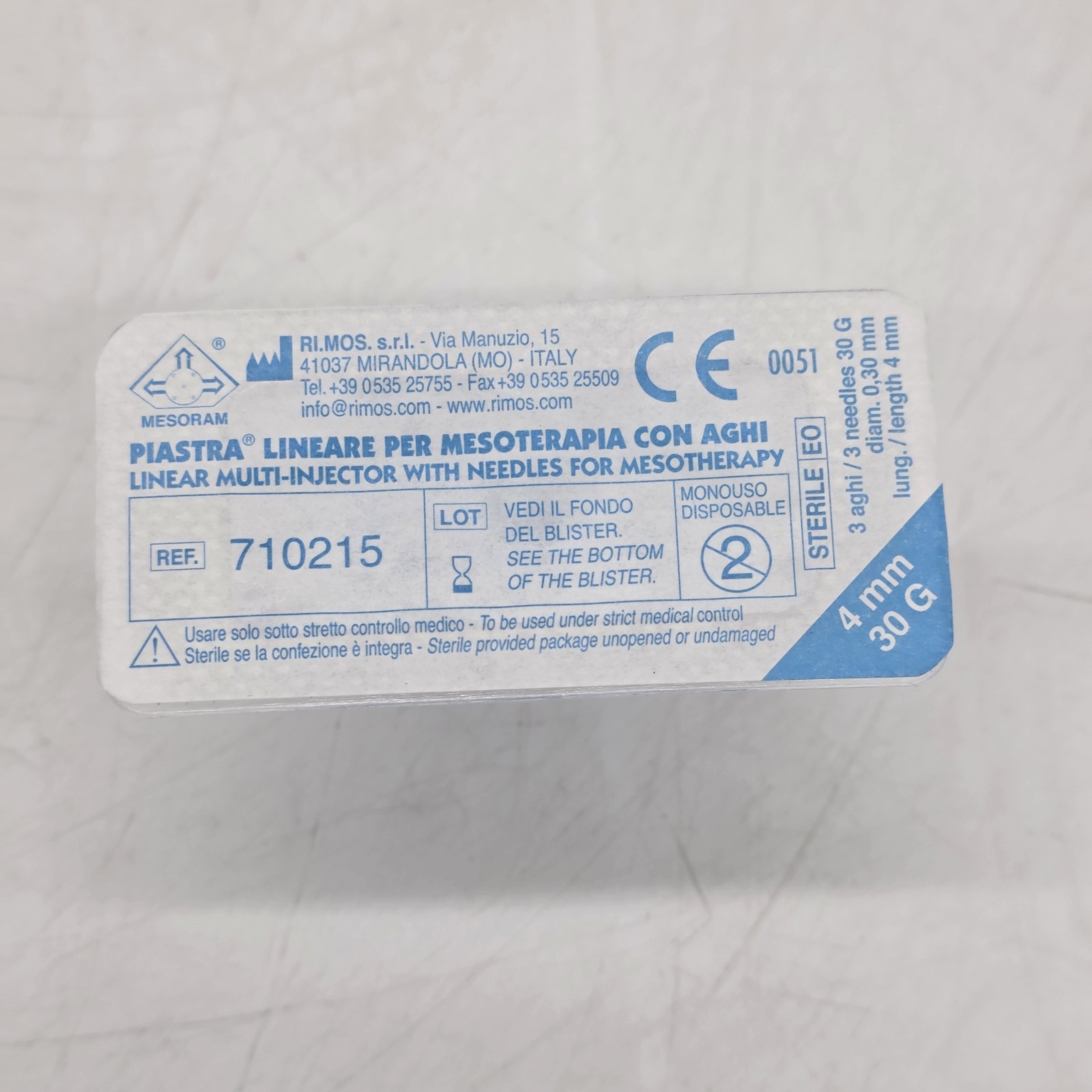 Mesoram Sterile Needle Plate 3 Needles 30G 4mm Exp 10/2028 Ref 710215