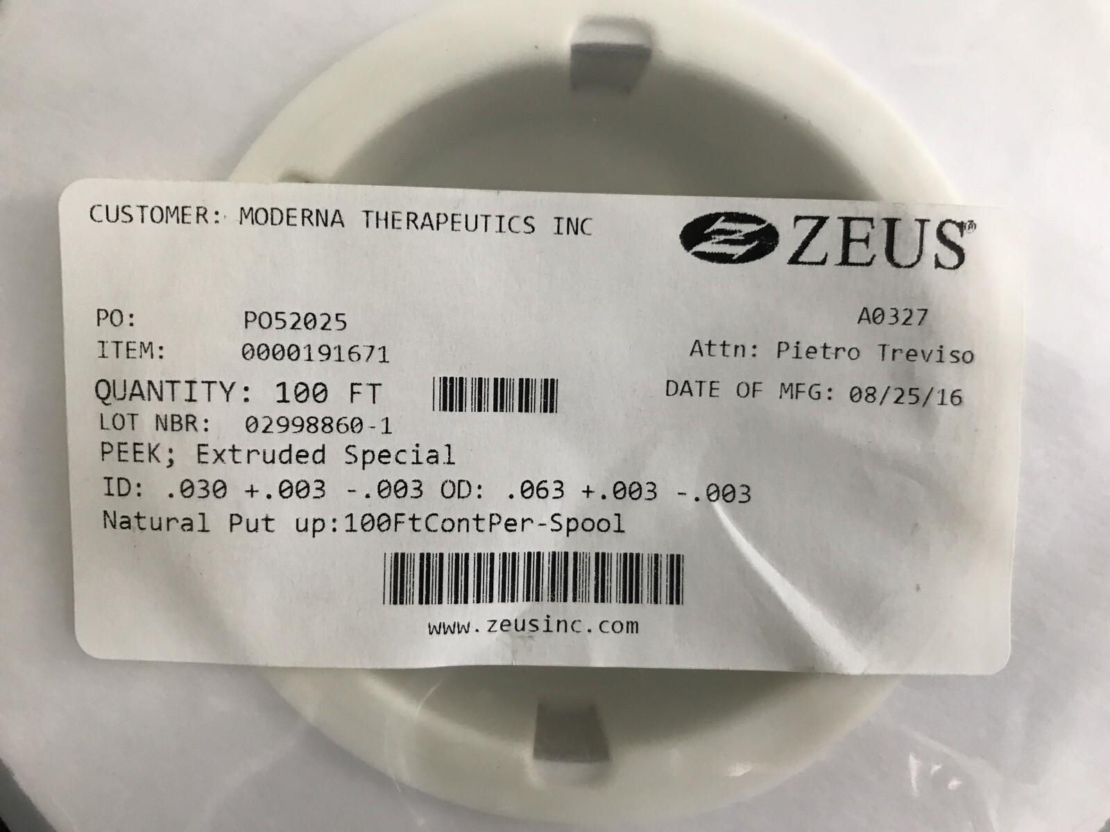 (100 Ft Spool) ZEUS PEEK Extruded Special Tubing 0.063”OD 0.30”ID 0000191671
