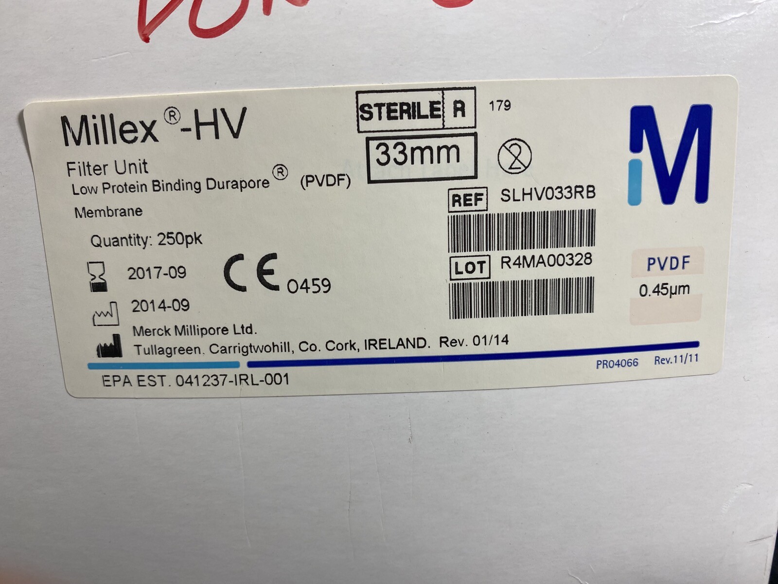 MILLIPORE PVDF .45µm Hydrophilic Millex-HV Filter Unit SLHV033RB (150/pk)