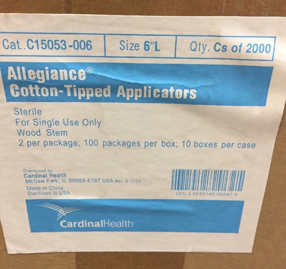 NEW CASE OF 2000 ALLEGIANCE Cotton-Tipped Applicators 6″L C15053-006 Wood Stem