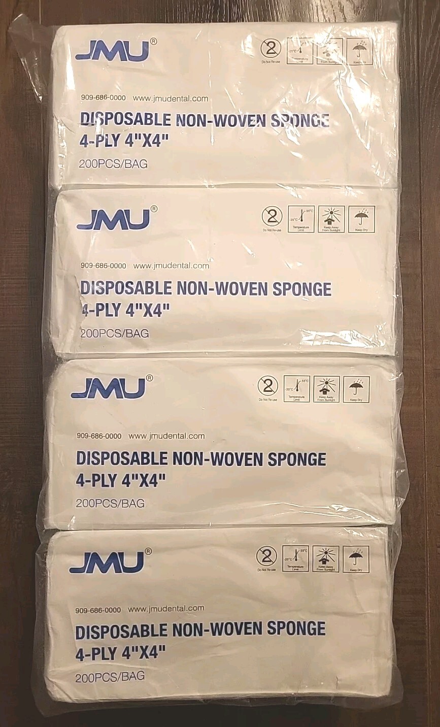 800pcs JMU 4″ x 4″ Non-Woven Sponges, 4-Ply, Non-Sterile, 200BagsEach x 4pks NEW