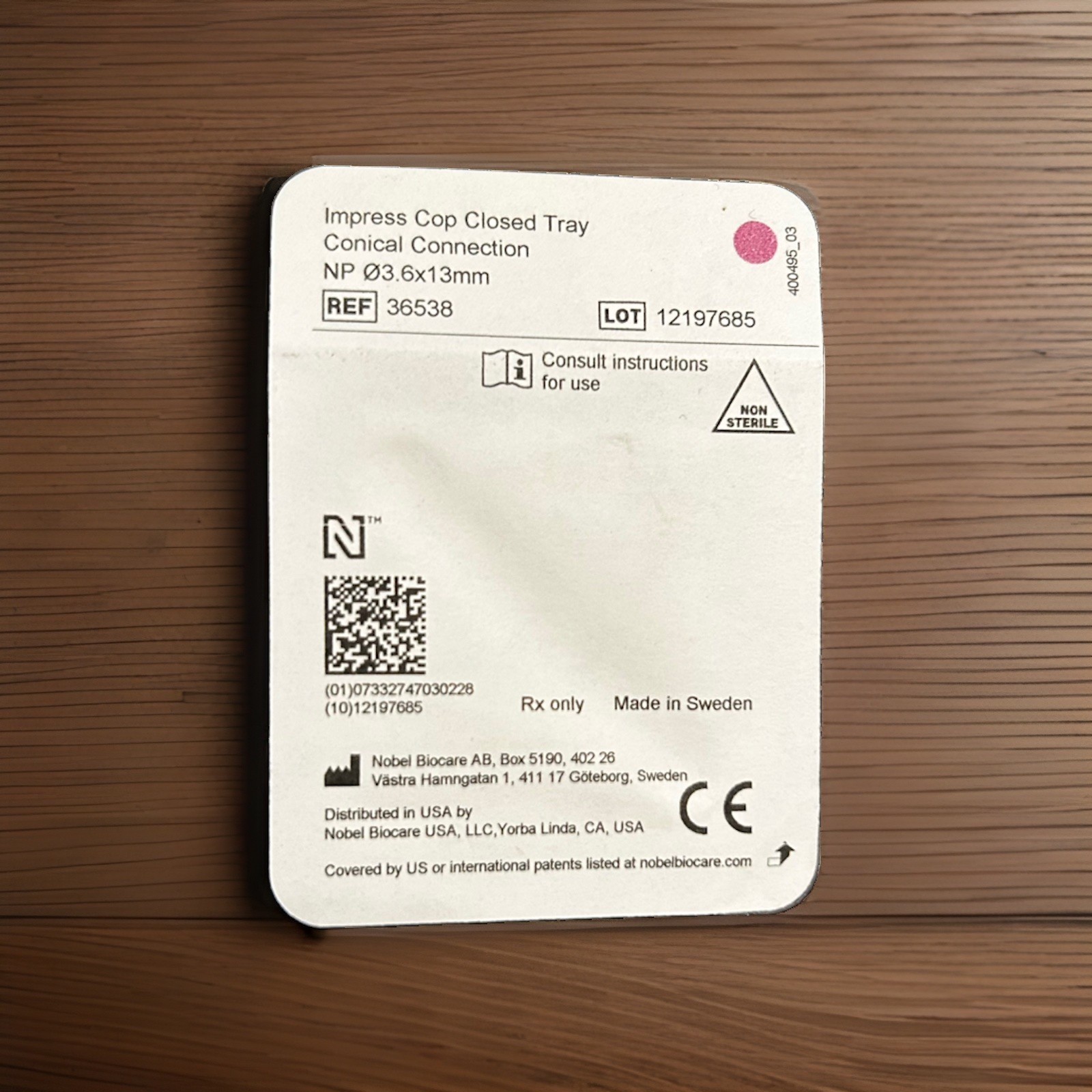 Nobel Biocare NP Conical Connection Impression Coping Closed Tray 3.6 X 13MM