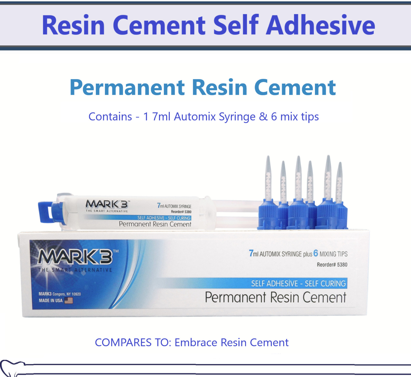 Dental Permanent Resin Cement, Self Adhesive 7 ml Automix Syringe + 6 Mix Tips