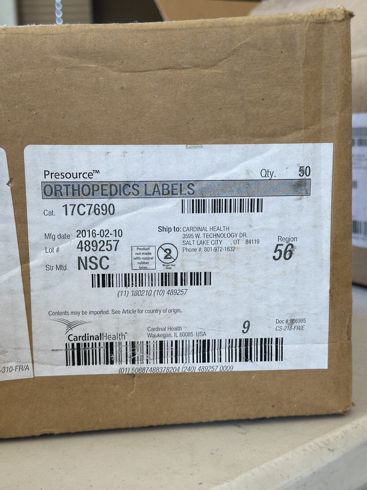 Full Case 50 Cardinal Health Orthopedics Labels Cat 17C7690 Sterile Single Use