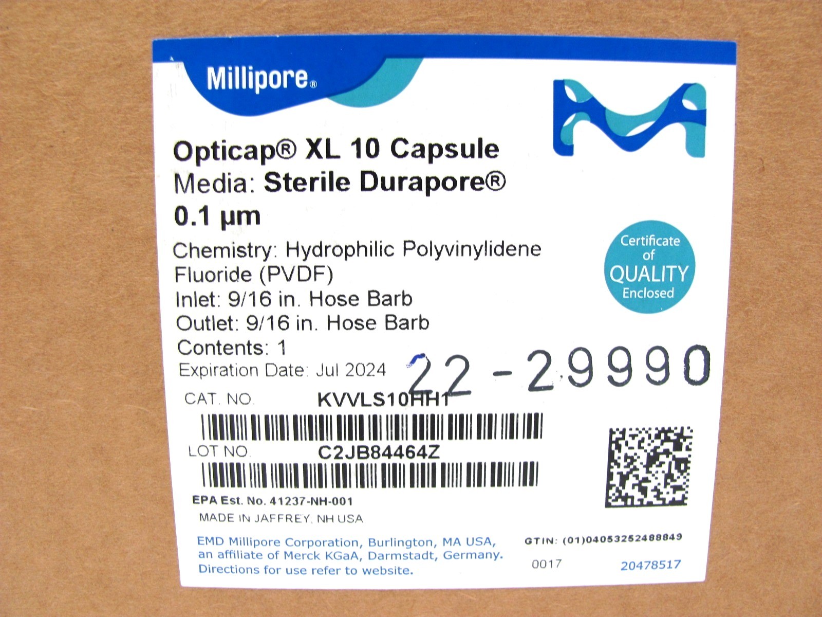 MILLIPORE KVVLS10HH1 STERILE Durapore Opticap XL 10 Capsule 0.1um Filter EXP7/24