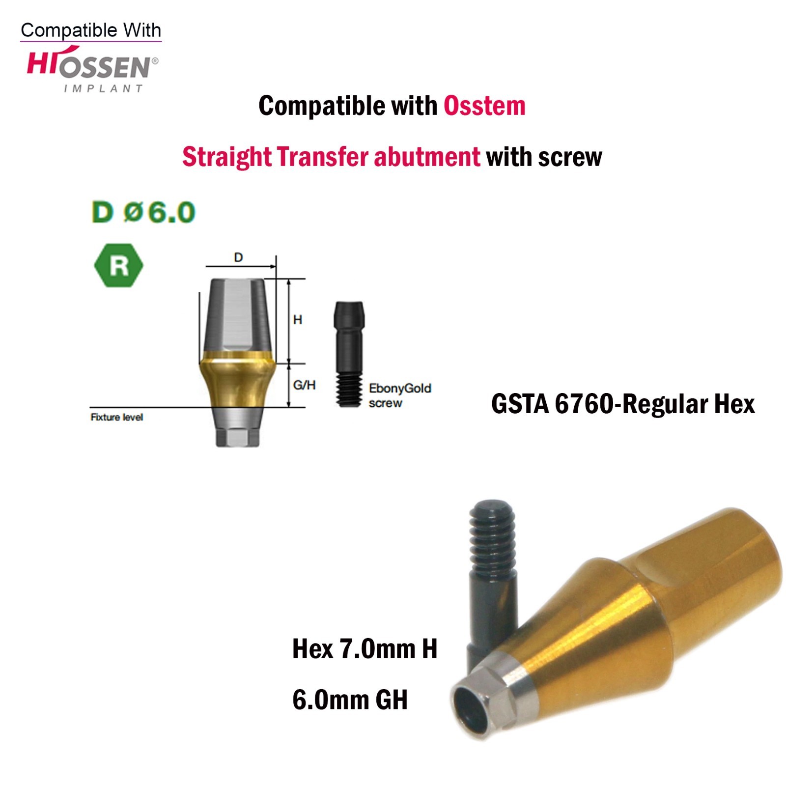 US Dental Straight Transfer Abutment Regular Ø6.0mm 1-6mm GH For Hiossen Osstem