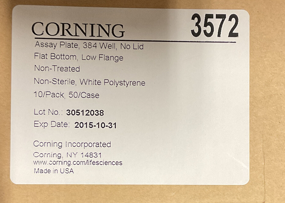1 BOX OF 10 CORNING 3572 384 WELL FLAT BOTTOM ASSAY PLATES