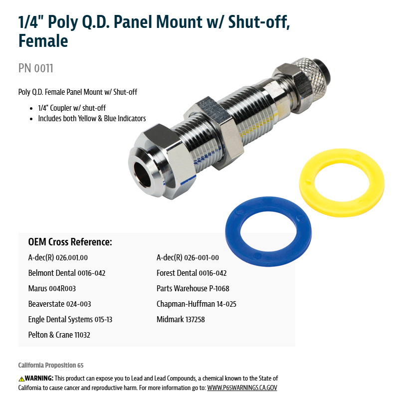 1x Dentalparts 1/4″ Poly Q.D. Panel Mount w/ Shut-off, Female (DCI) #PN0011