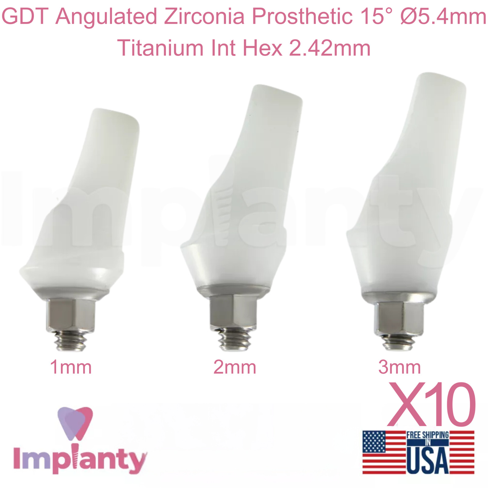 10x GDT Angulated Zirconia Dental Prosthetic 15° Ø5.4mm Titanium Int Hex 2.42mm