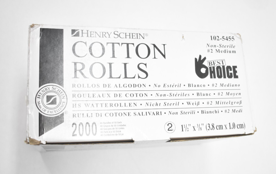 Henry Schein 102-5455 Cotton Rolls Non Sterile #2 Medium 2000 Pack 1-1/2″ x 3/8″