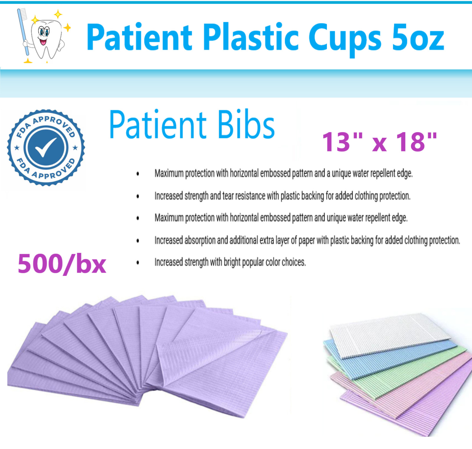 5 Oz Disposable Dental Plastic Patient Cups, Bibs, Paper Tray Cover B Ritter Cup