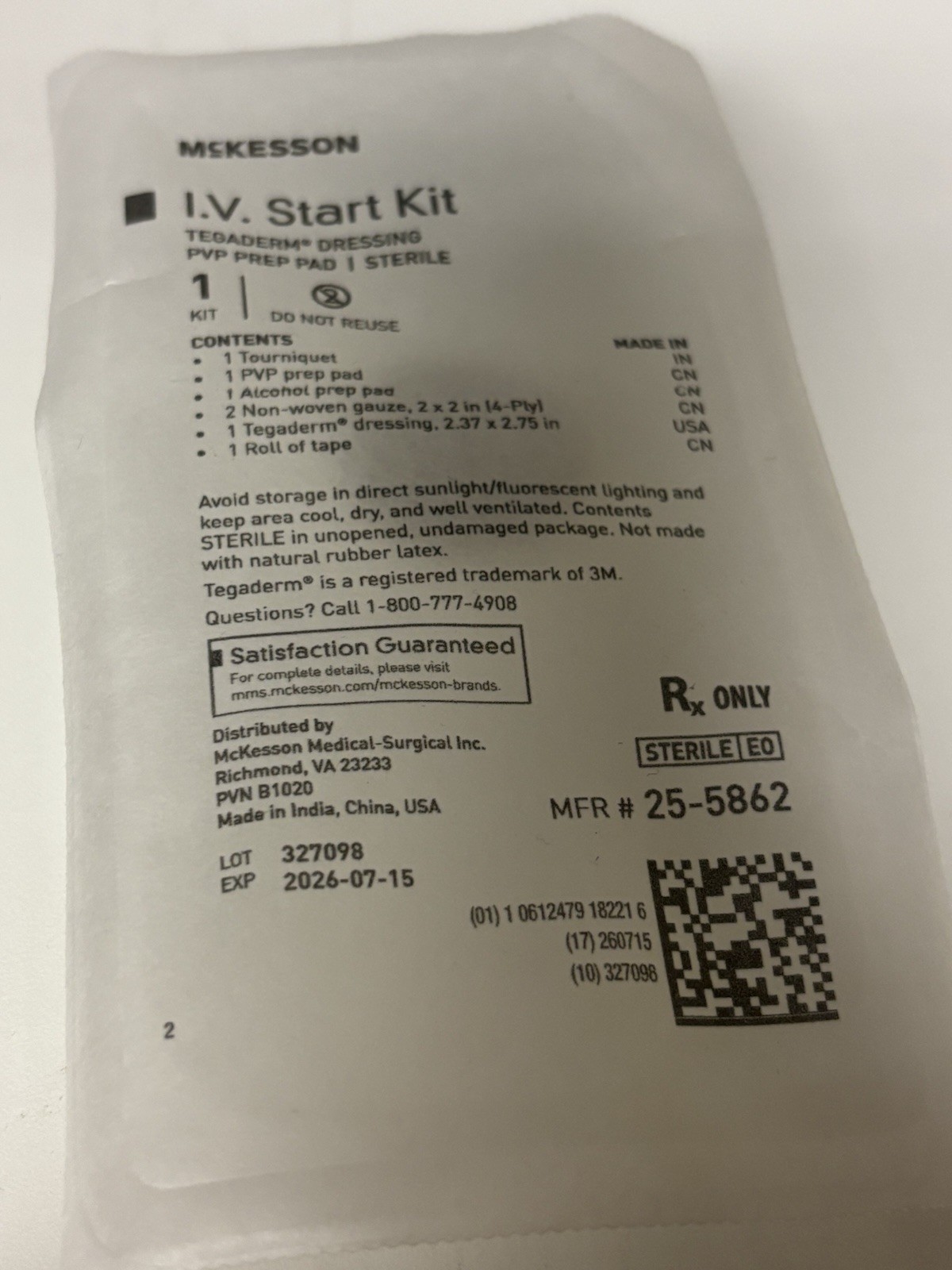 LOT/10pack McKesson I.V. Start Kit with Tegaderm Dressing PVP Prep Pad,2 Pk Free