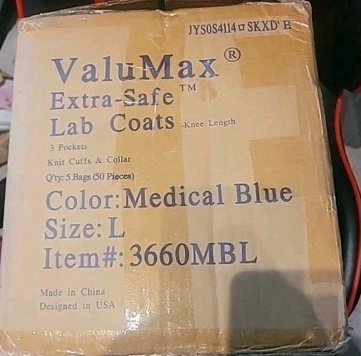VALUMAX 3660MBL Blue LARGE KNEE LENGTH EXTRA SAFE LAB COATS BOX OF 100