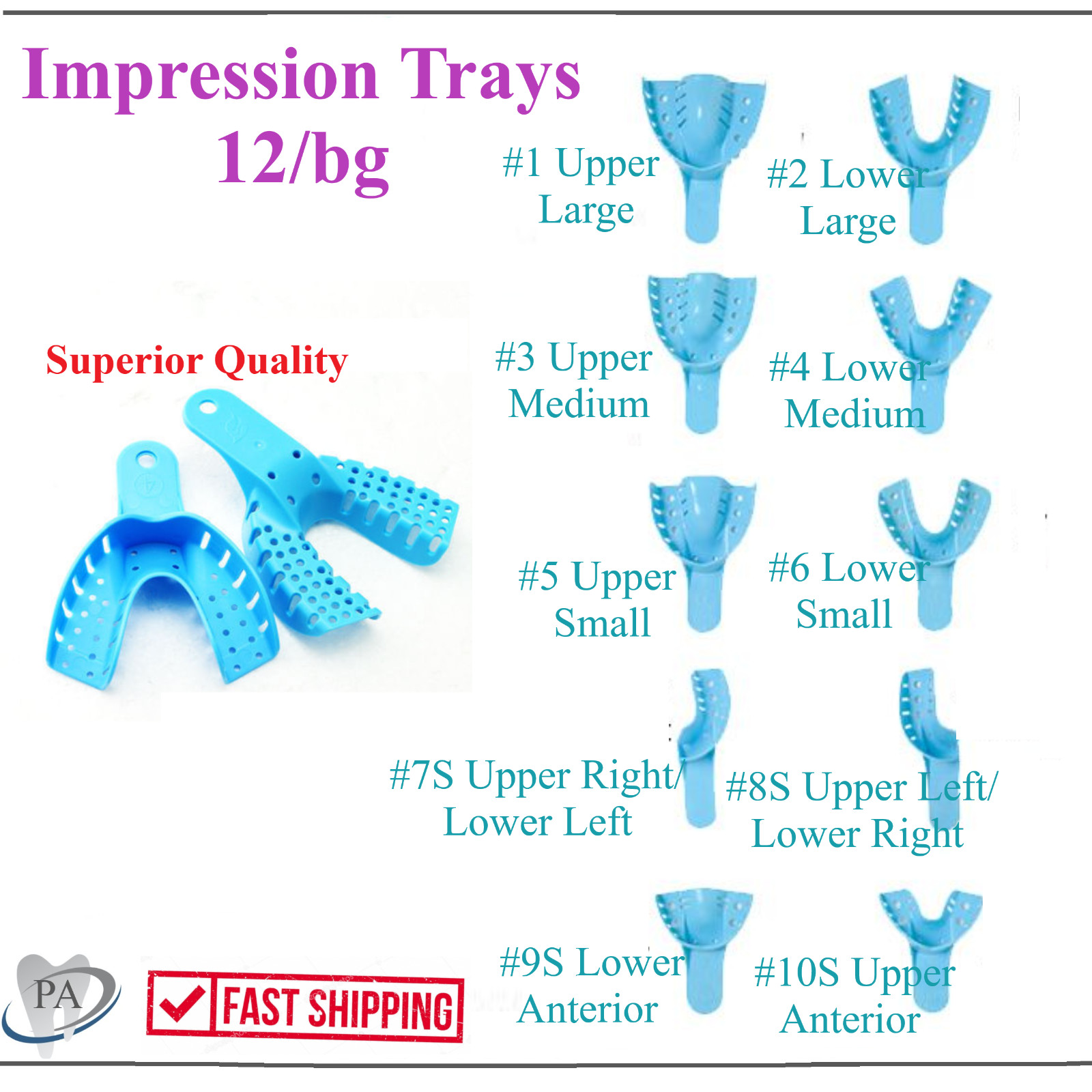 Dental Impression Trays Perforated Plastic Disposable (CHOOSE SIZE) 12 Trays/Bag