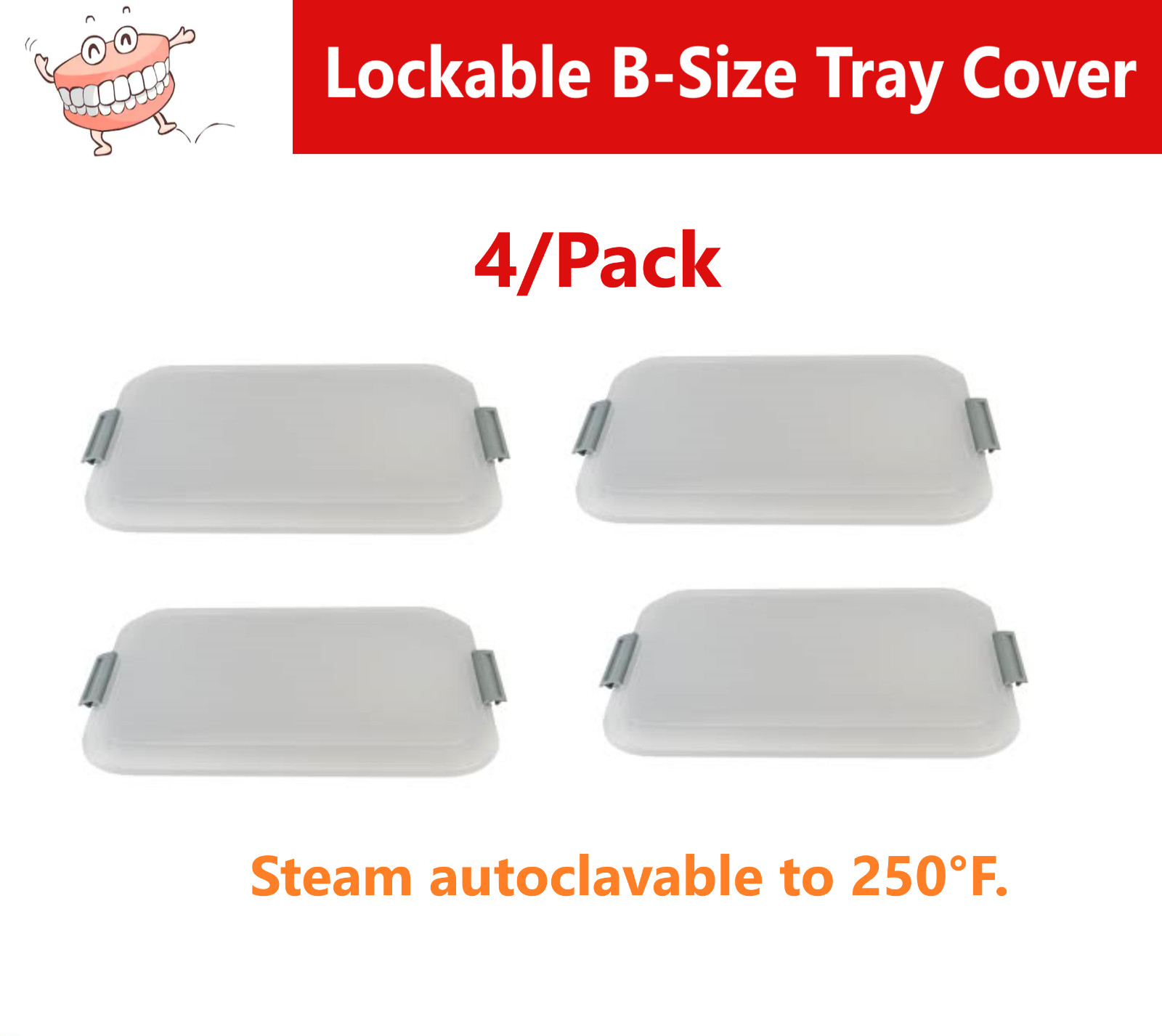 Dental Lockable B-Size Tray Cover, Clear Lids, Autoclavable to 250°F, 4/Pack
