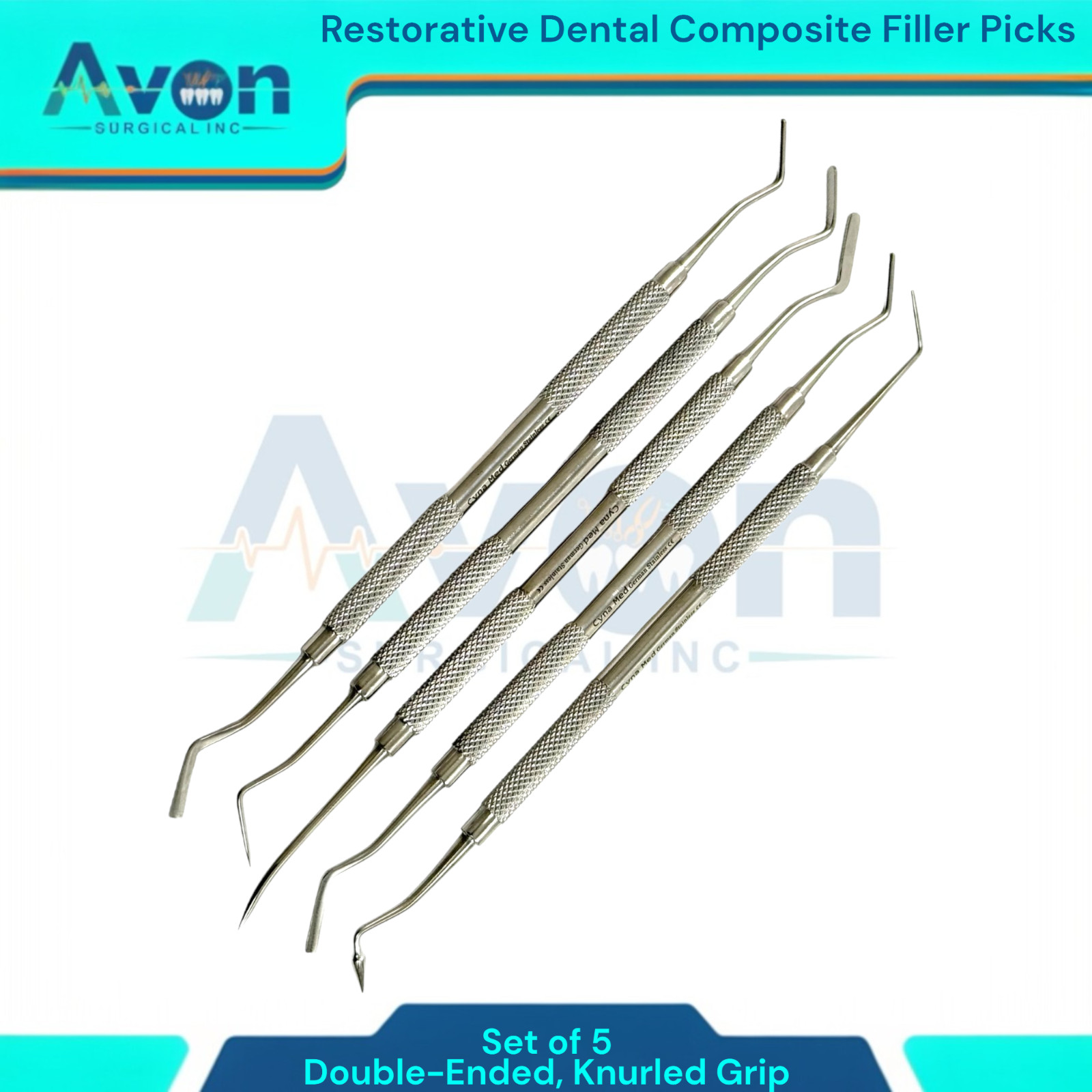 Knurled Grip, Double-Ended Dental Filling Carver Picks (5 Pack) German Stainless