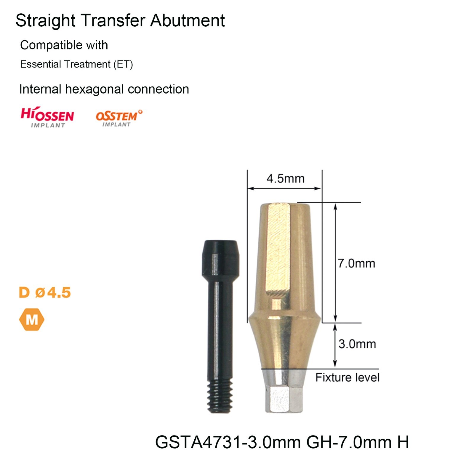 Hiossen Dental Ø4.5 Mini ET Platform Ti Straight Standard Mini Transfer Abutment