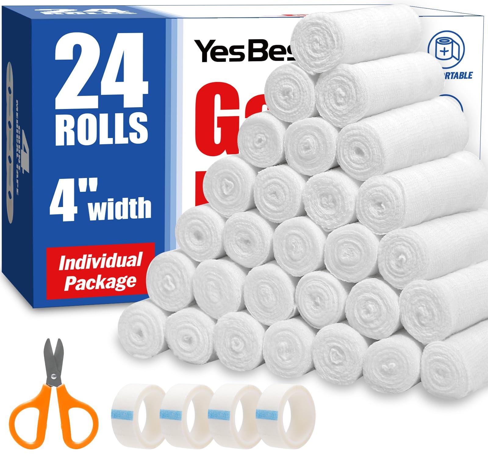 YesBes 24 Pack Gauze Rolls, 4 in x 4.1 Yards, 4 Inch x yards, A-24p