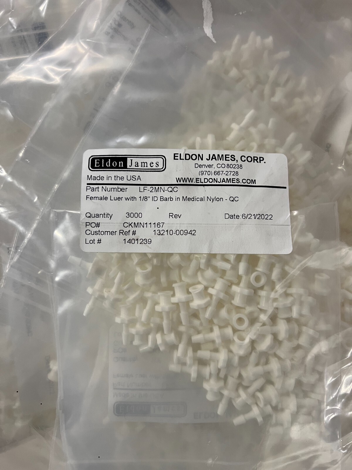 Lot of 4400 Eldon James LF-2MN-QC Female Luer w 1/8 ID Barb in Medical Nylon NIB