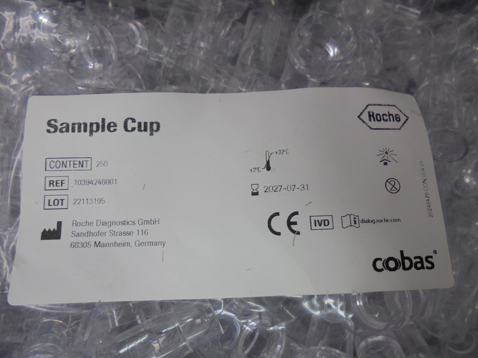 Roche Cobas 10394246001 Sample Cup QTY 250 2027-07-31