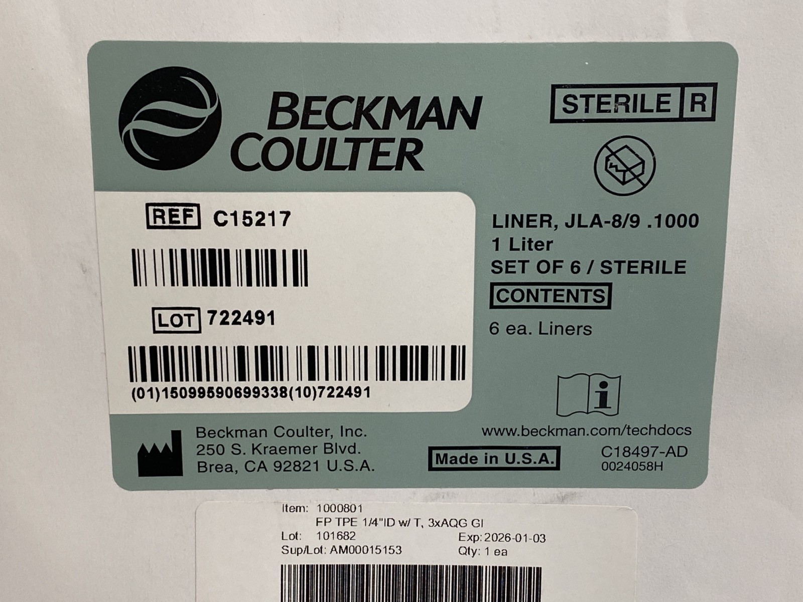 (6/Pk) BECKMAN COULTER 1L HarvestLine System Bottle Liners Sterile C15217