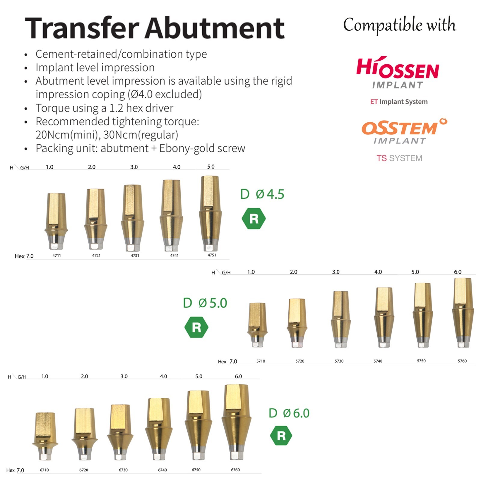 US Dental straight Abutment Transfer Fit Osstem TS/Hiossen ET Regular Platform