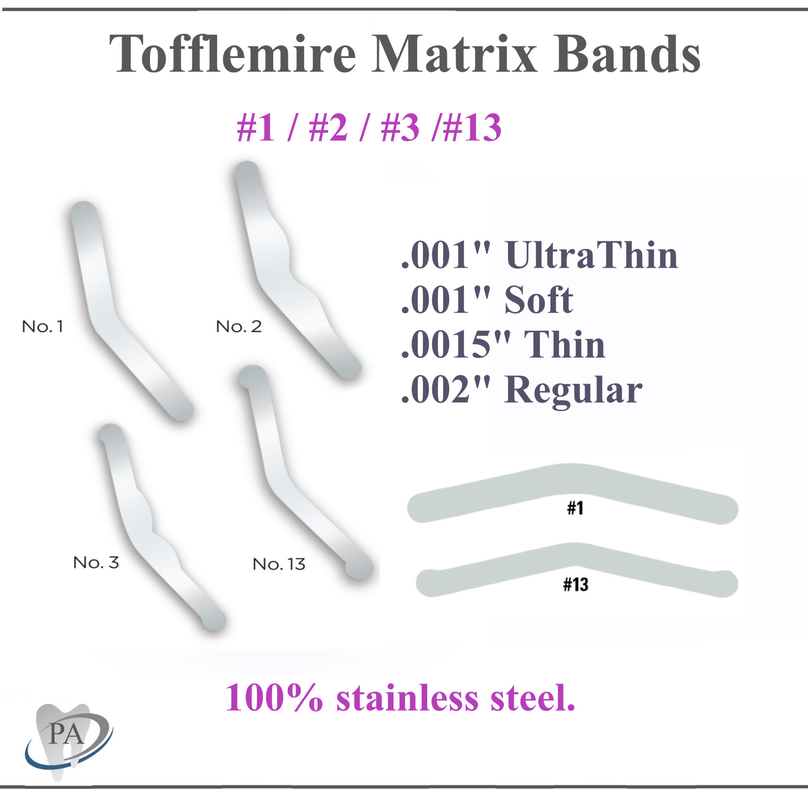 Dental Tofflemire Stainless Steel Matrix Bands #3 Narrow, .0015, 144/Pk or 12/Pk