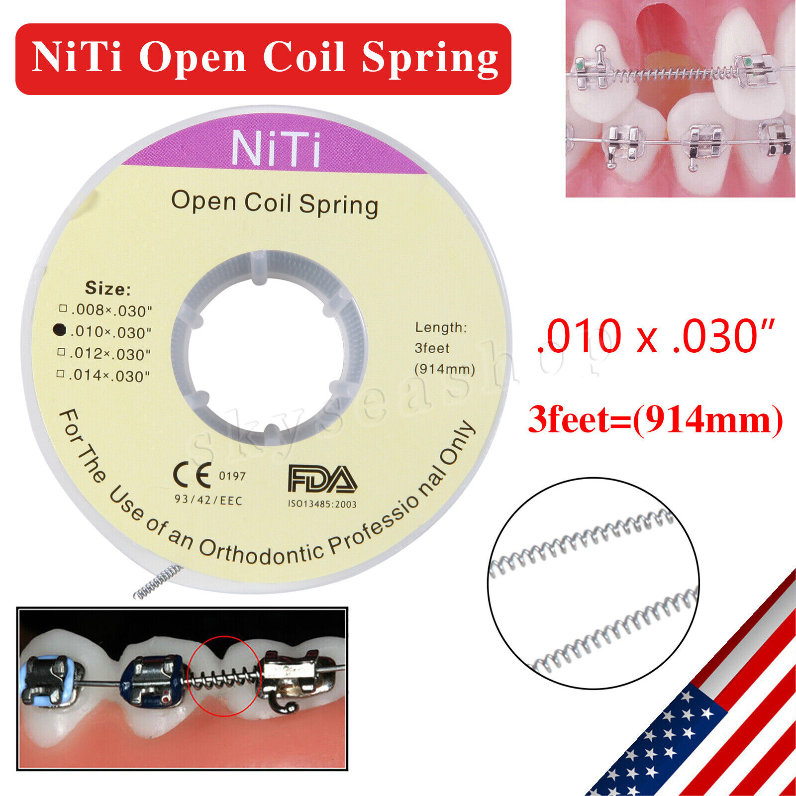 USA Dental Orthodontic Niti Open Coil Spring Spool Dia.010 *030 ” inch 914mm Ab