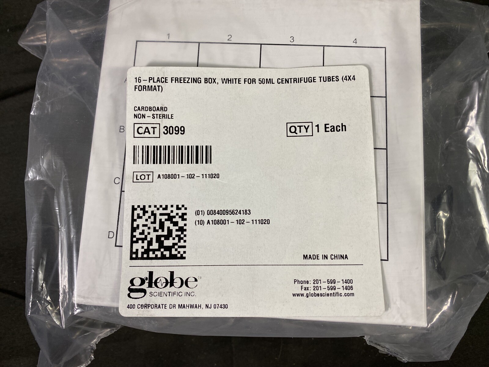 GLOBE SCIENTIFIC 4×4 Cardboard Freezing Box for 50mL Centrifuge Tubes 3099(1/pk)