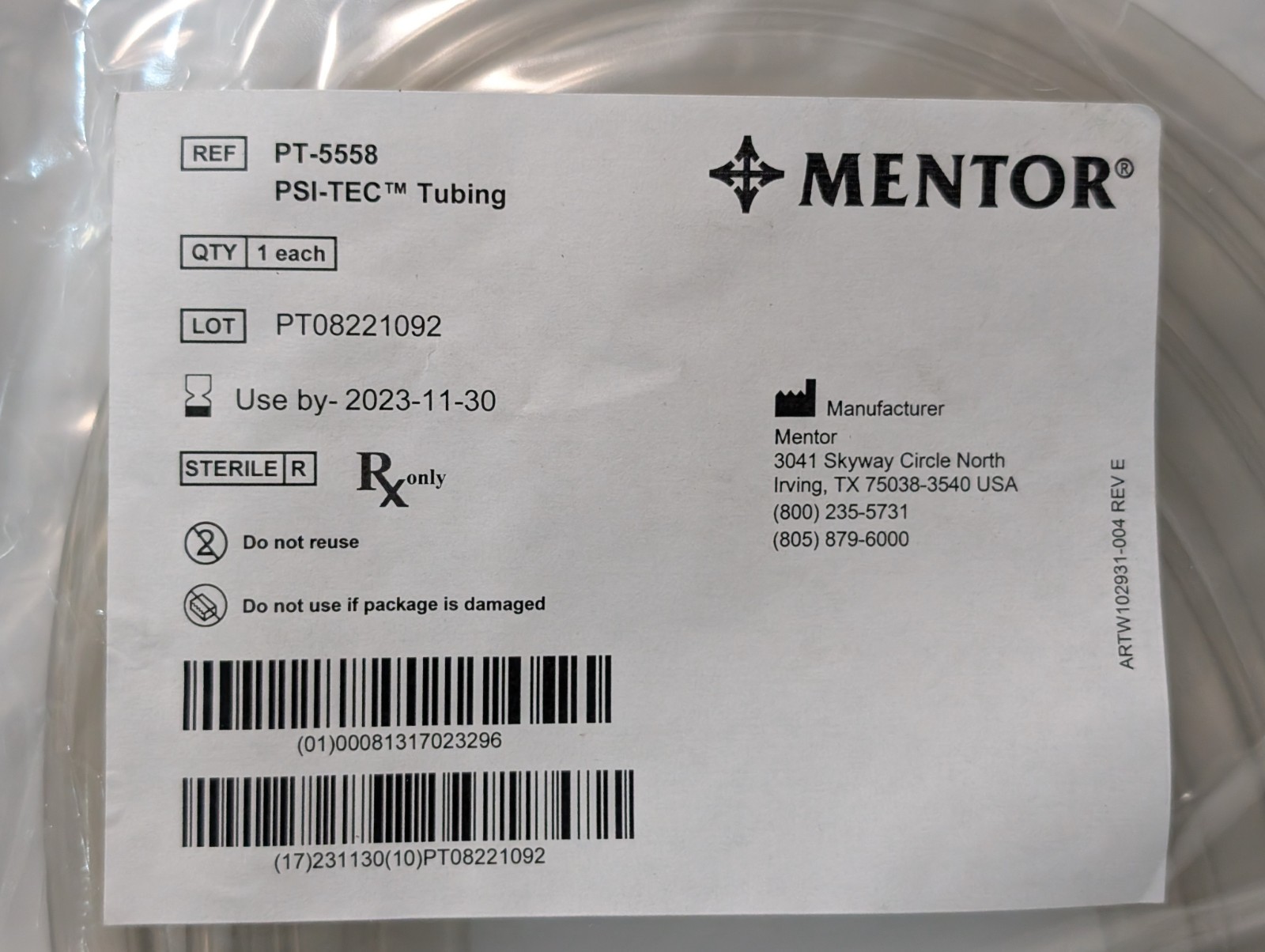 Mentor PT-5558 PSI-TEC Tubing *Expired (2023)/Training and Non-Clinical Use Only