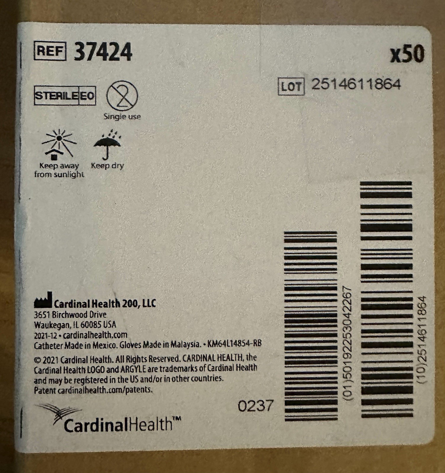 BOX OF 50 — COVIDIEN ARGYLE SUCTION CATHETER TRAY WITH CHIMNEY VALVE 37424