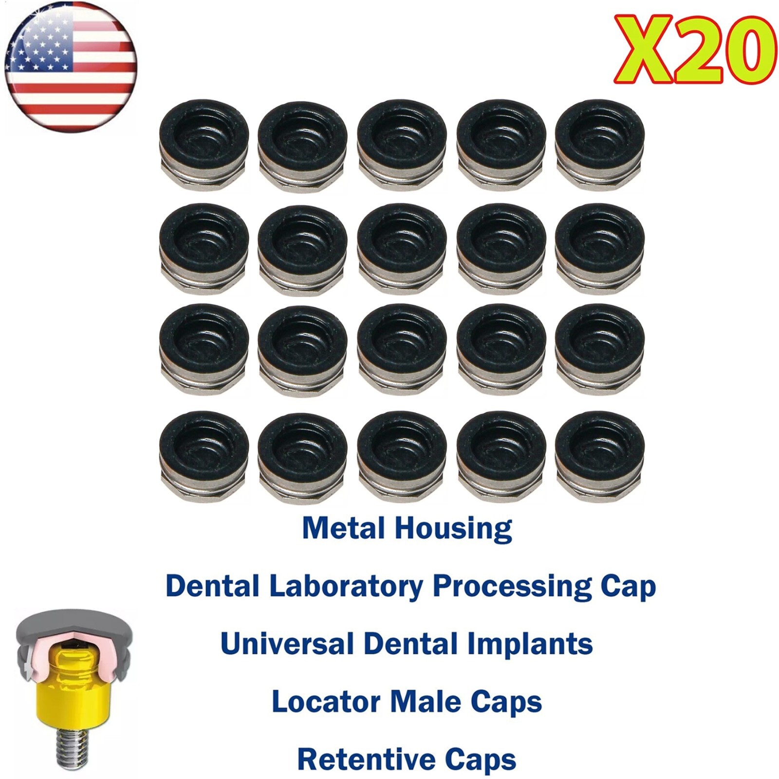 US 20Pcs Metal Housing Laboratory Processing Caps for Implant Locator Abutments
