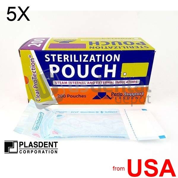 5X LOT of PLASDENT AUTOCLAVE POUCHES 3.5 x 9in Dual Indicator (200pcs/box 420915