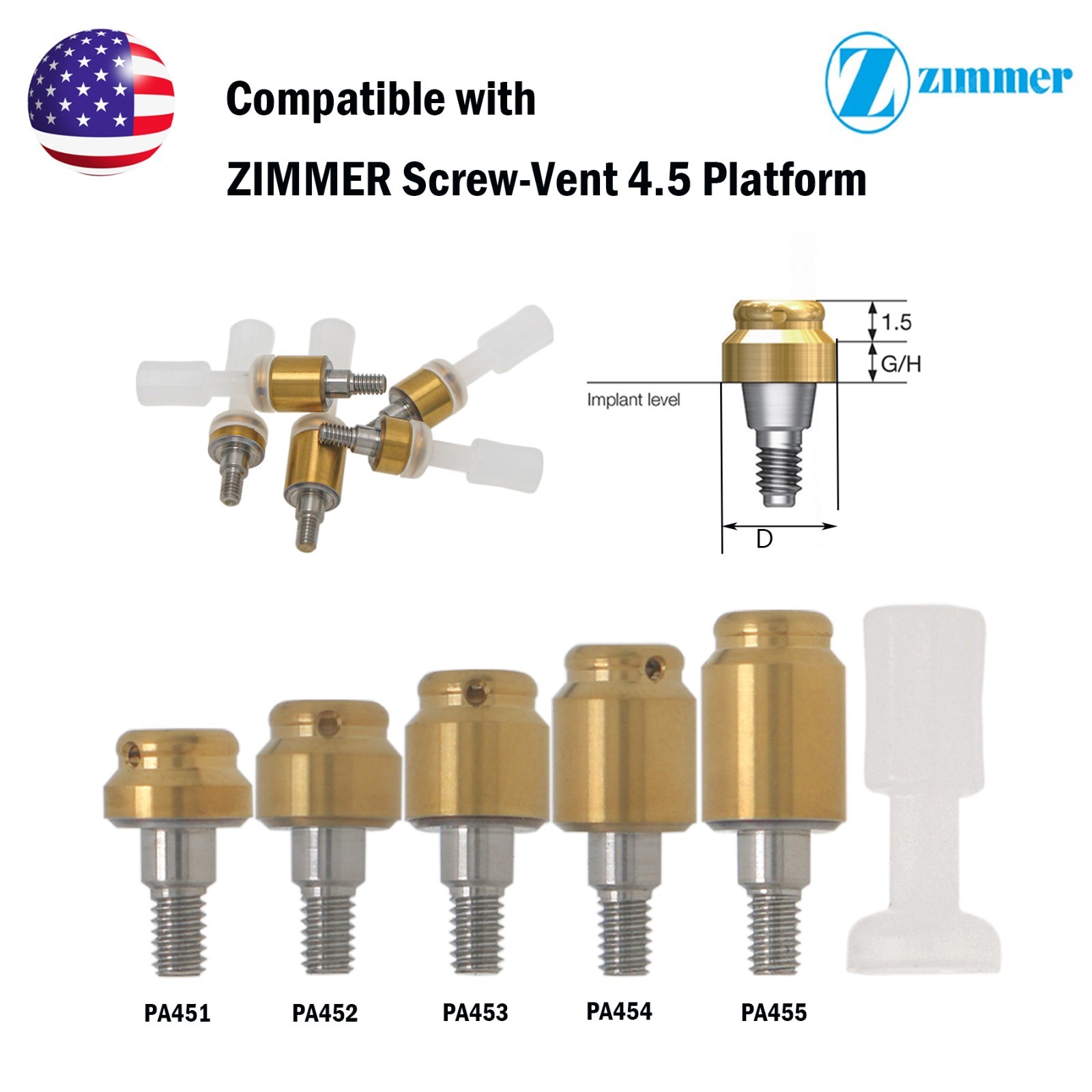 US Locator Overdenture Abutment Fit Zimmer Screw-Vent 4.5mm Male Cap Kit Implant