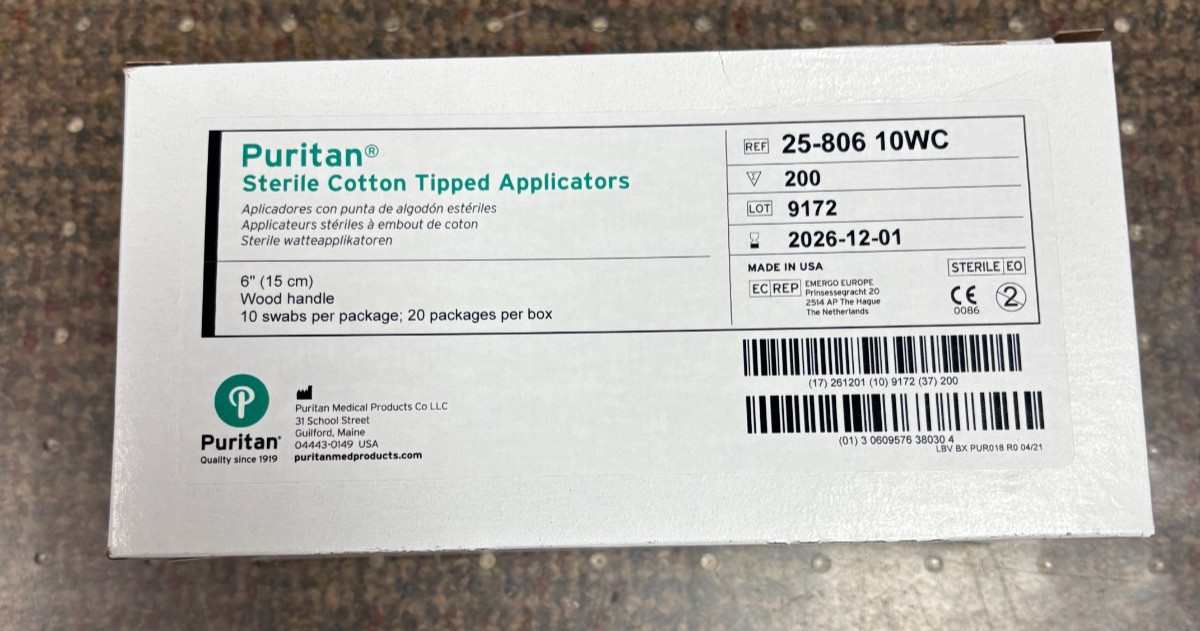 25-806 10WC Puritan Sterile Cotton Tipped Applicators 6″, wood handle (Box/200)