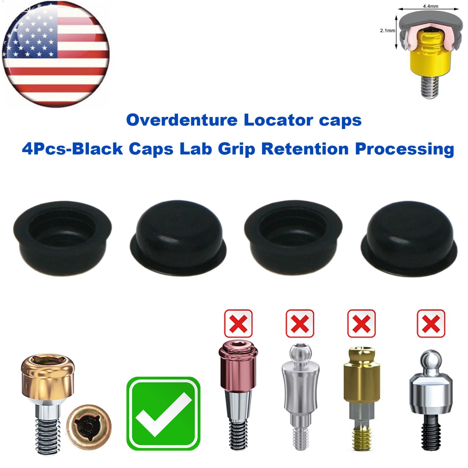 US Overdenture Dental Locator Abutment Retention Caps 1.2/2.4lbs Metal Housing