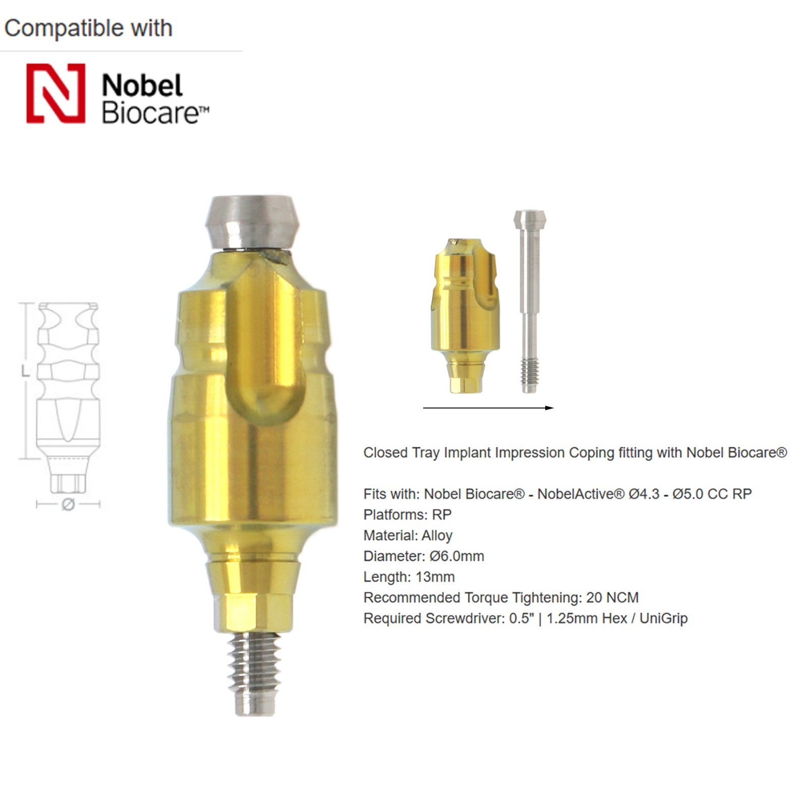 US Nobel Biocare Compatible Impression Coping Closed Tray Conical Connection RP