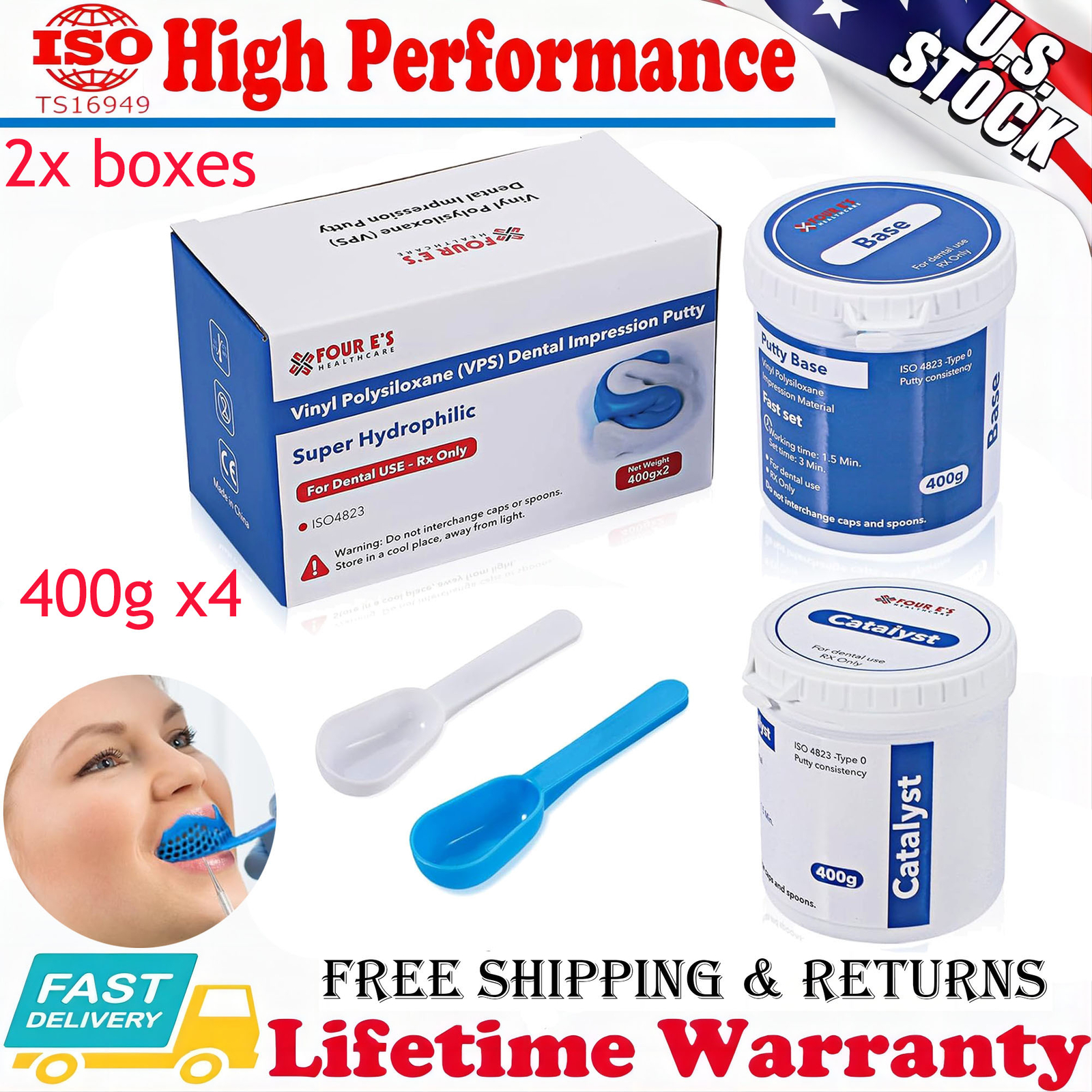 4x 400g Dental Putty Fast / Regular Set Hydrophilic VPS Impression Material Mint