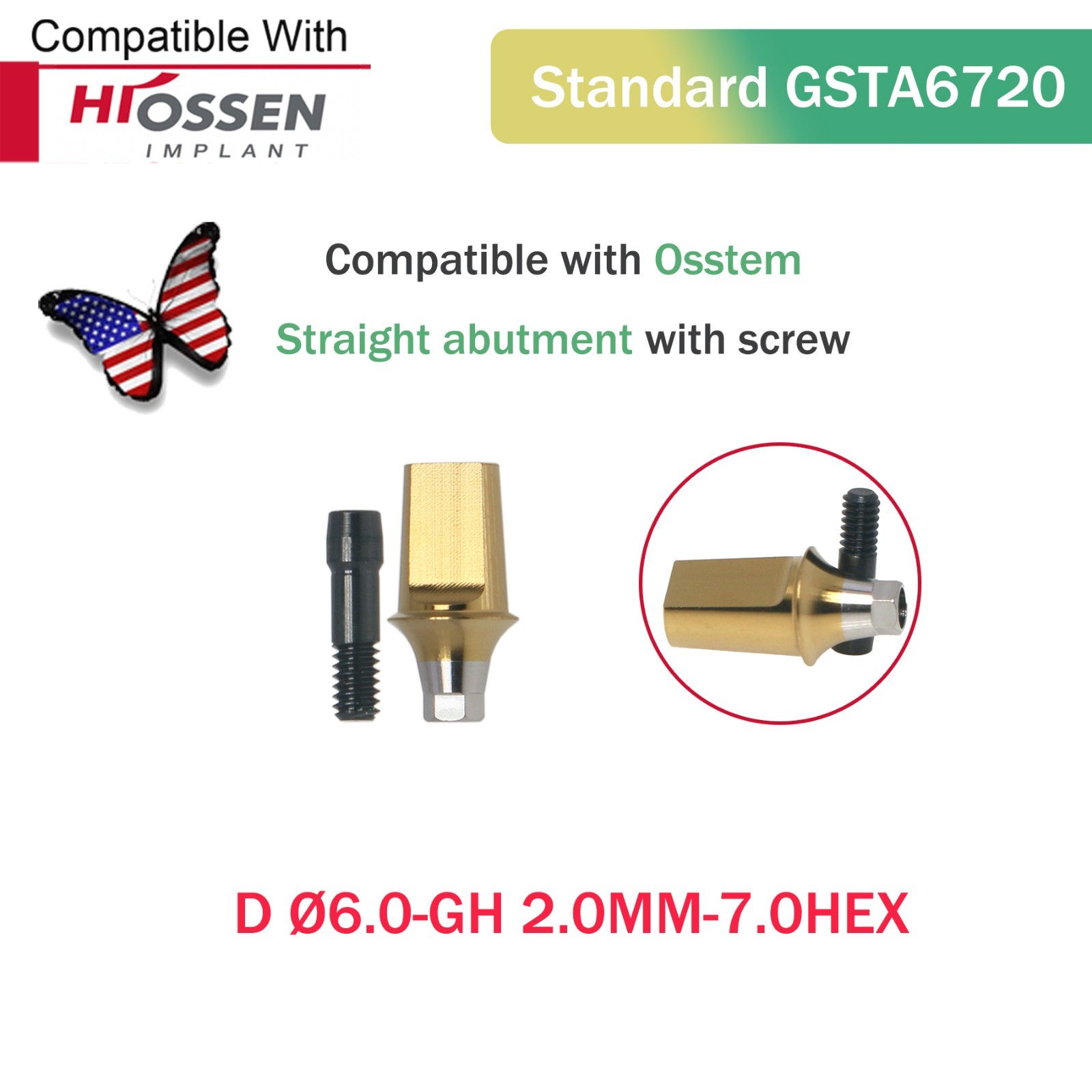 US Dental Straight Transfer Abutment Regular Ø6.0 mm Hex GH 1–6 mm Hiossen ET