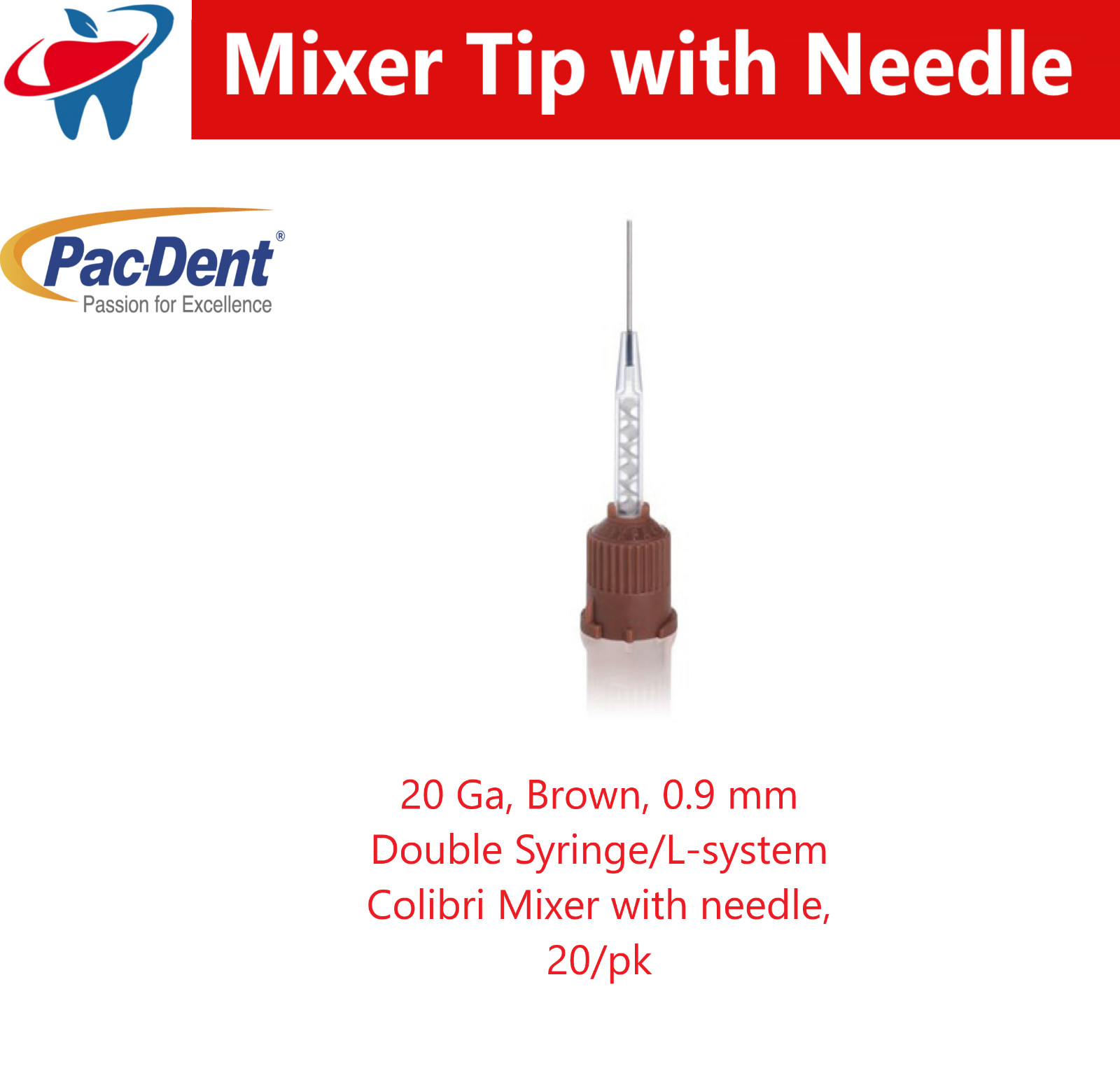 Dental HP Mix Tips 20 Ga Brown, 0.9 mm Double Syr L-system Colibri Core Build Up