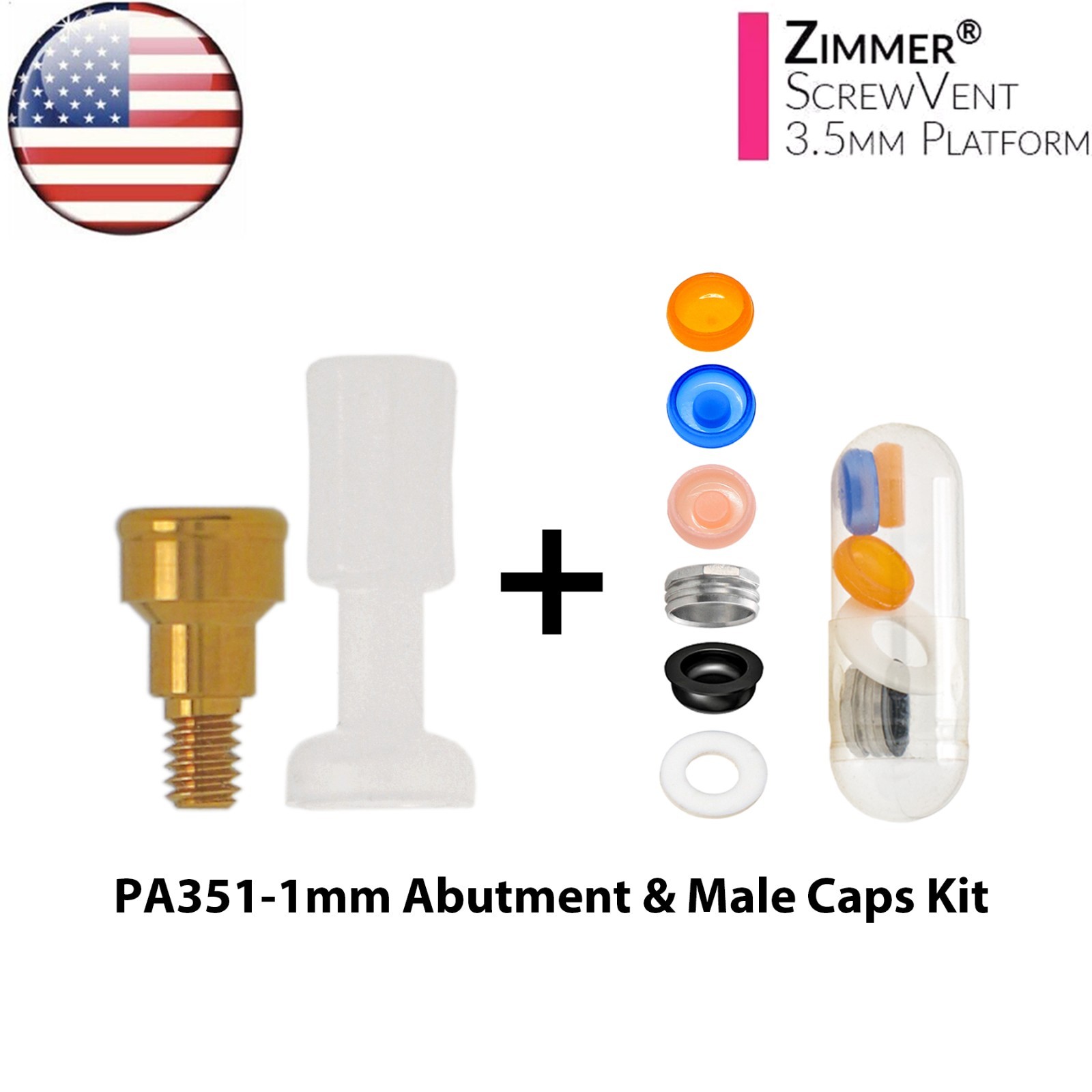 US Locator Tapered Abutment For Zimmer Screw Vent Ø3.5/4.5mm & Male Cap Inserts