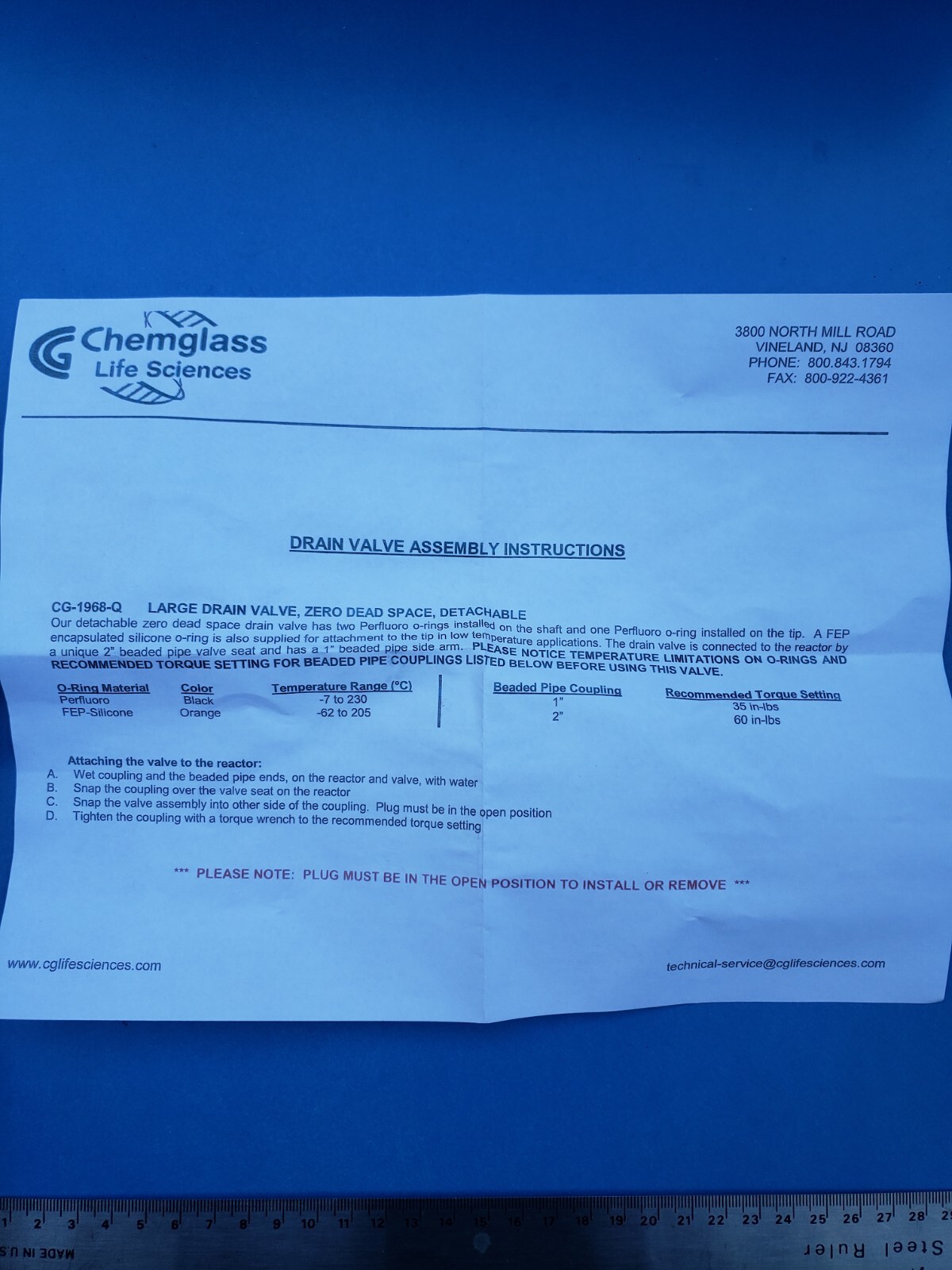 Chemglass Drain Valve Zero Dead Space CG-1968-Q-01