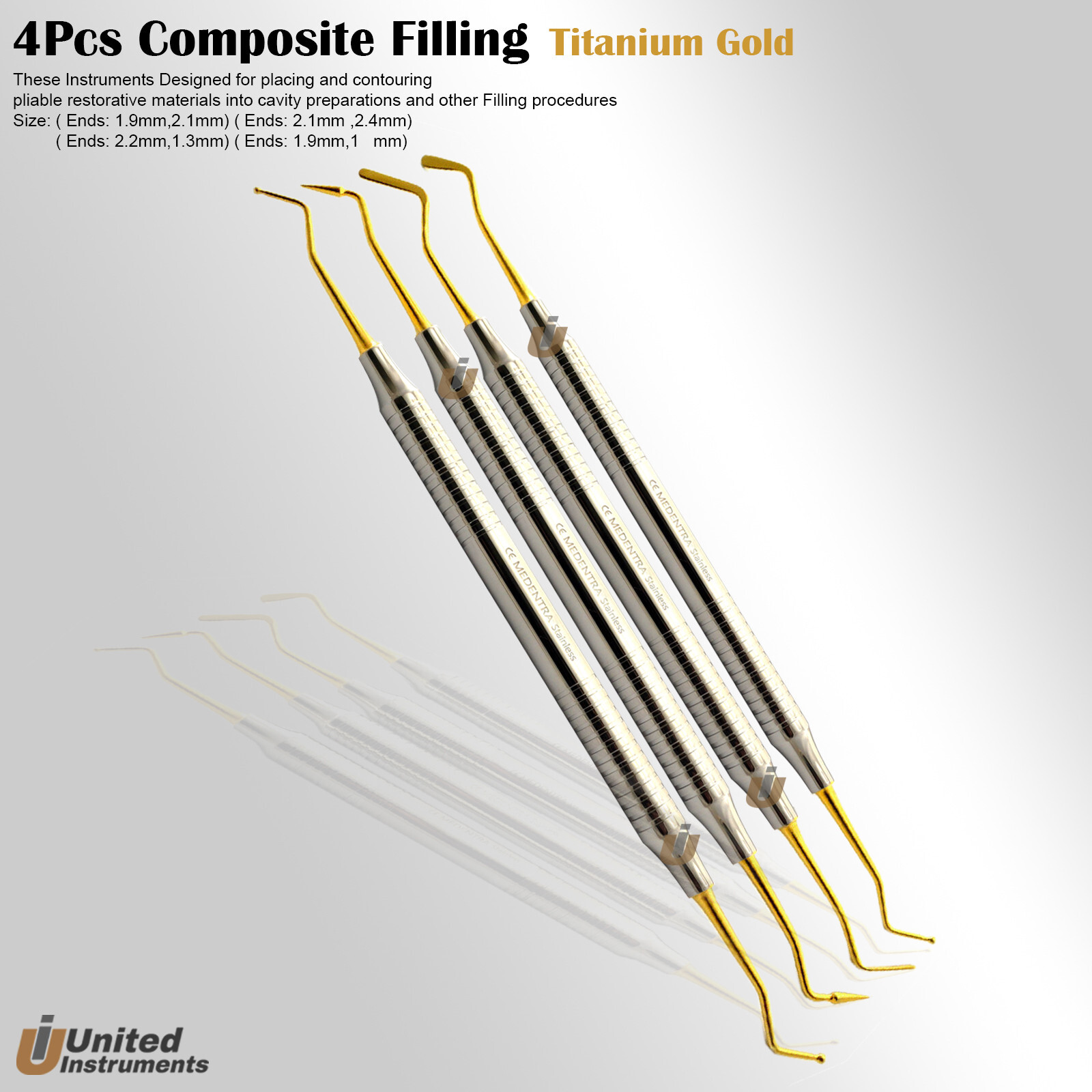 Set Of 4 Dental Resin Filling Instruments Composite Restorative Gold Titanium