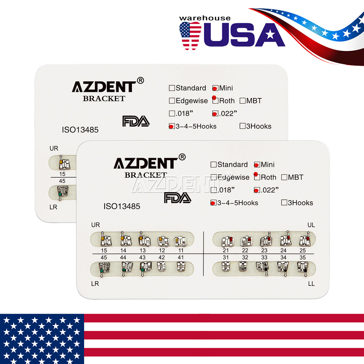20Pack AZDENT Dental Orthodontic Bracket Braces Mini Roth Slot.022 345 Hooks