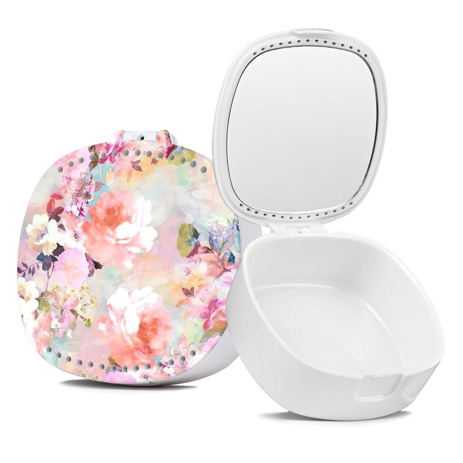 Retainer Case, Denture Case Night Guard Mouth With Mirror Pink Flower