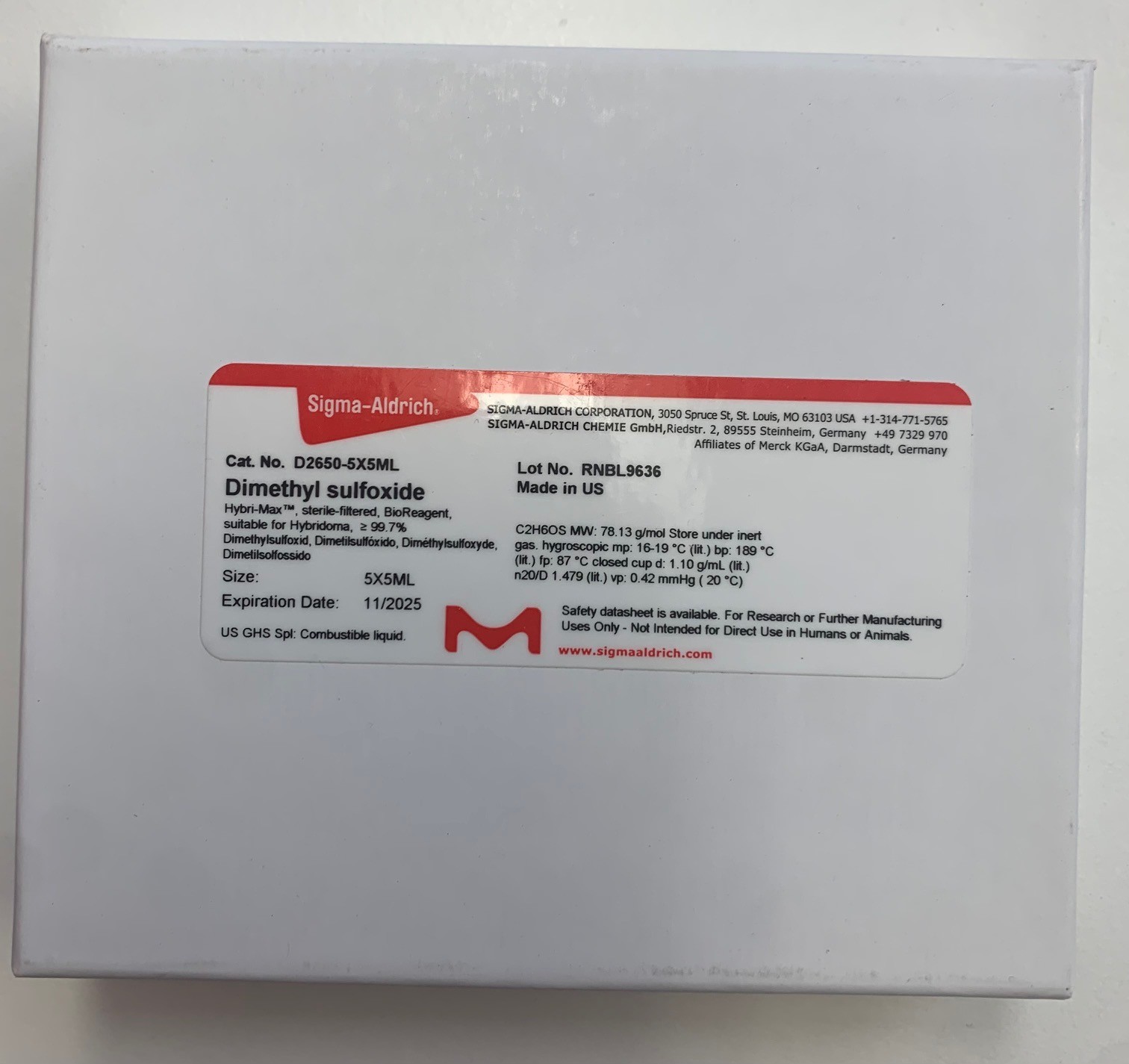 Sigma Dimethyl Sulfoxide DMSO Ampules 8×0.2um D2650-5X5ML