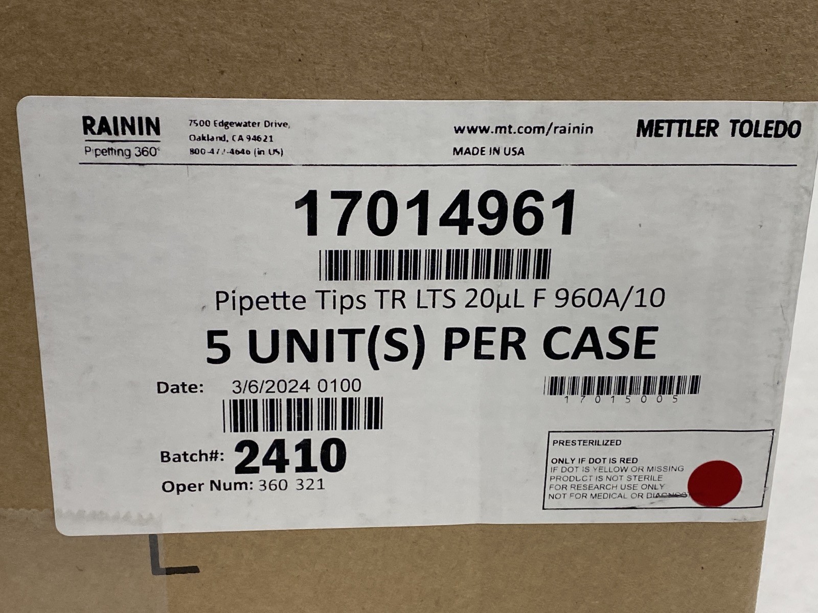 (4800) METTLER RAININ TerrRack 20uL LTS LiteTouch Pipet Tips 50×96/Rk 17014961