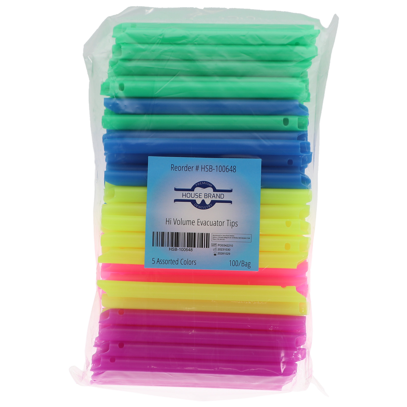 House Brand Dentistry 100648 HSB Hi Volume Evacuator Tips HVE 5 Colors 100/Pk