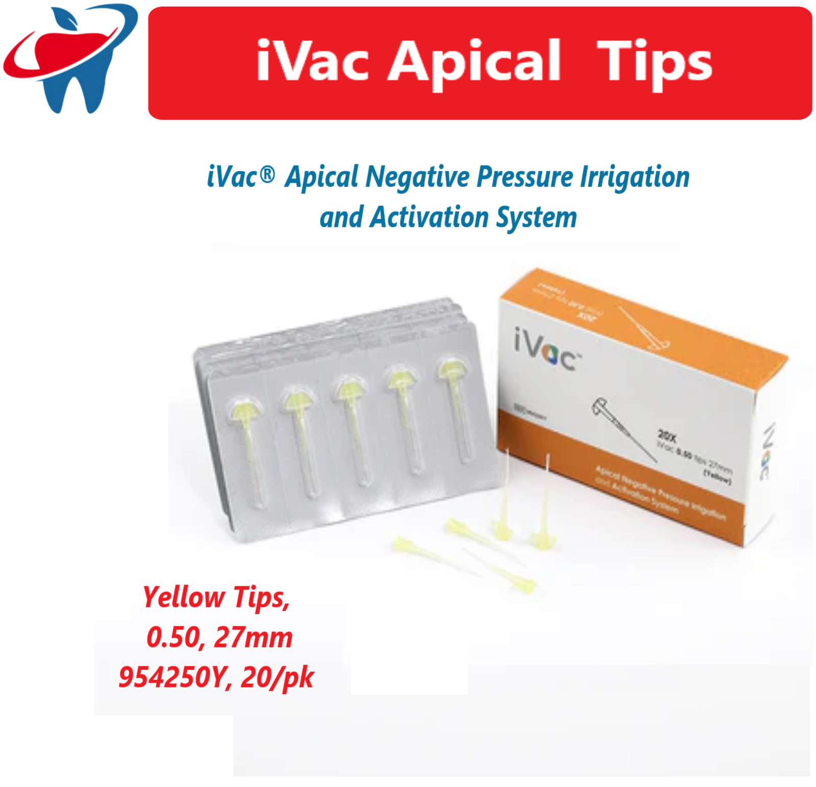 Dental Endo iVac Apical Irrigation System Yellow Tips, 0.50, 27mm, 20/Pk PacDent
