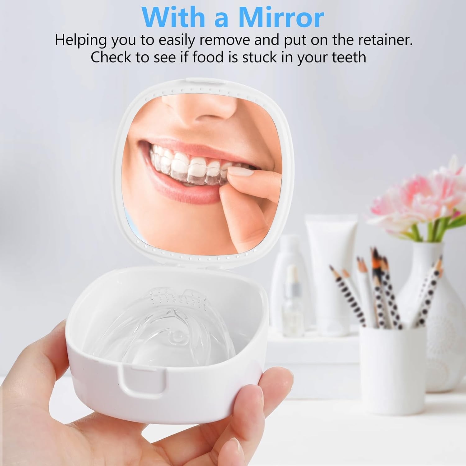 Retainer Case, Denture Case Night Guard Mouth With Mirror Pink Flower